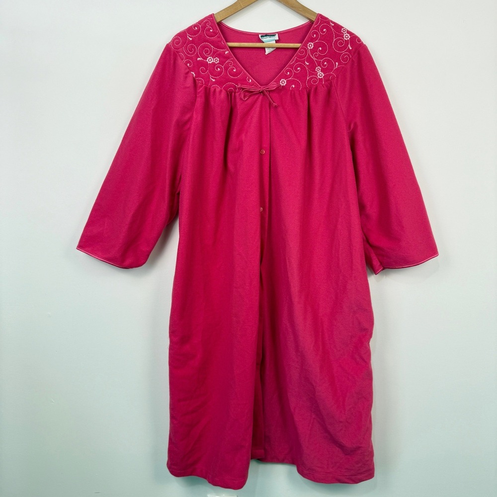 Vintage Kelly‎ Reed Robe Housecoat Womens L Pink Embroidered Loungewear Granny